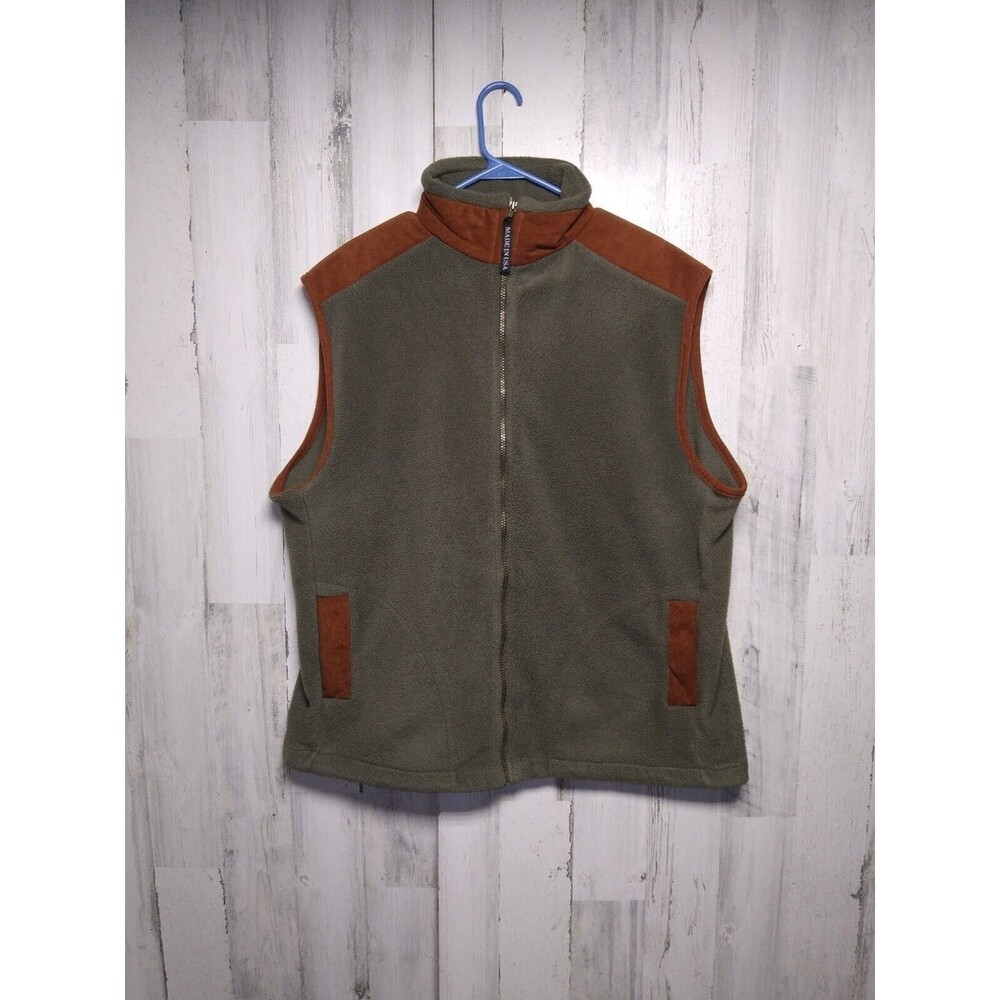 Polar Graphics XXL Fleece Vest Two Tone Green Brown USA Made Zip Front Vintage